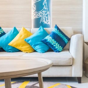 Sofa with blue cushions